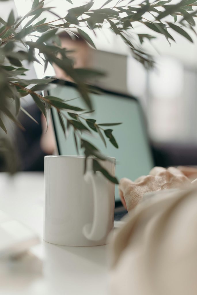 pexels-photo-4065895-4065895 A calm home office scene with a white ceramic mug, computer laptop, and green leaves.
